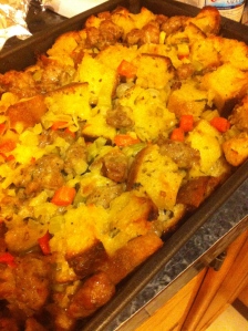 The stuffing is so incredibly delicious. And sweet. We added chopped carrots and fennel to clear out the fridge! Recipe:http://www.epicurious.com/recipes/food/views/italian-sausage-and-bread-stuffing-240559